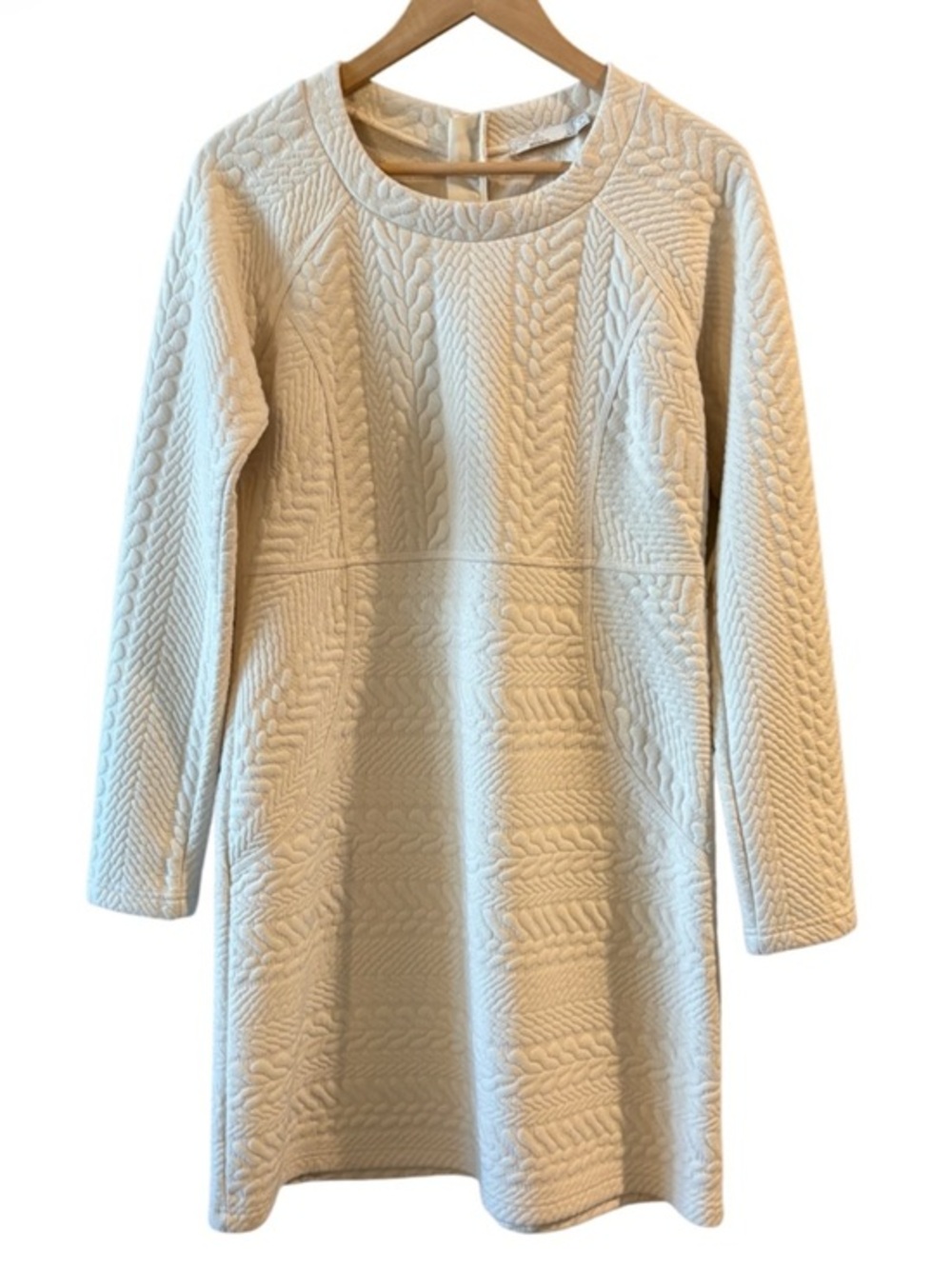 Prana  Macee Dress Textured Jacquard Knit Shift Sweater Dress L Cream Back Zip